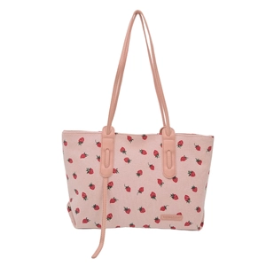 Pink corduroy tote bag with strawberry print and leather handle details for college