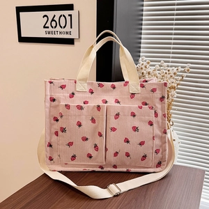 Women's Corduroy Tote Bag Korean Style Large Capacity Strawberry Bow Print Shoulder Bag Casual Commuter Handbag With Outer Pockets
