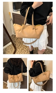Detailed views of a beige textured leather tote bag showing knotted strap and versatile carry