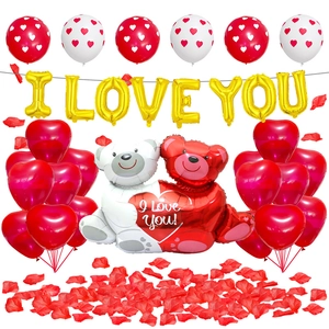Décoration De Ballon Saint-Valentin I Love You Cœur Ours Film D'Aluminium Latex Avec Pétales De Rose Rouge Pour Mariage