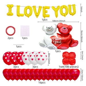 Kit de ballons I Love You avec ours câlin, ballons en cœur et pétales de rose rouge