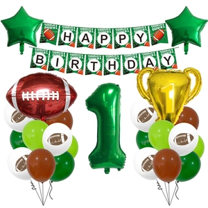 First birthday football party set with 32-inch green number 1 and trophy foil balloons