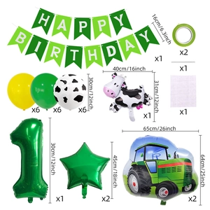 Kit déco 1er anniversaire ferme avec ballons vache et tracteur et banderole anniversaire