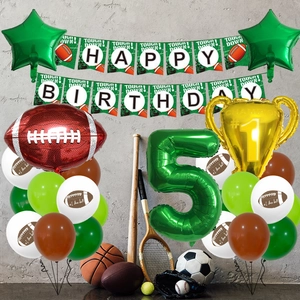 American football birthday party set with number 5 balloon and trophy banner decor