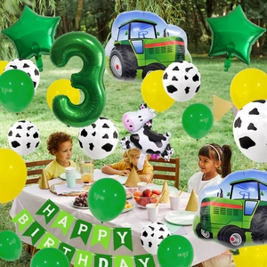 Kit déco 3ème anniversaire thème ferme avec ballons tracteur et bannière verte