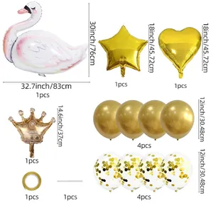 White swan aluminum foil balloon set with gold stars, hearts and crowns for party decoration