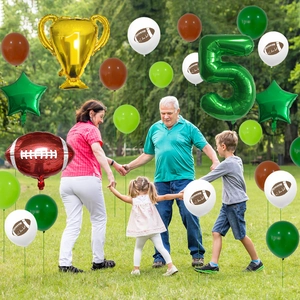 Rugby themed 5th birthday balloon set with champion trophy and green number 5 balloon