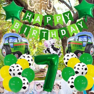 Set de fête 7e anniversaire ferme avec ballons tracteur et décorations vache