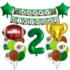 Football themed 2nd birthday set with trophy balloons and green number two banner
