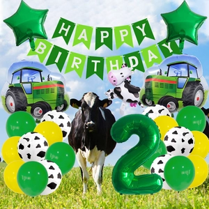 Décoration de fête d'anniversaire ferme et tracteur avec ballons et chiffre 2 vert