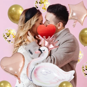 Elegant white swan foil balloon set with rose gold heart and star shapes for weddings