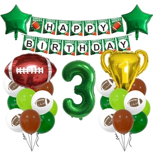 3rd birthday American football party decor set with green digit 3 and trophy balloons