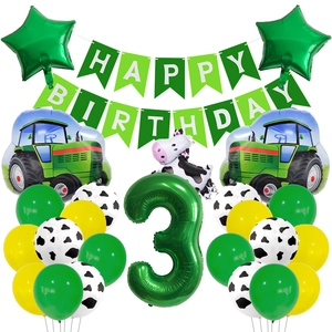 Kit anniversaire 3 ans thème tracteur ferme avec ballons vache et bannière verte