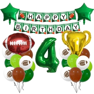 Detail of the American football 4th birthday set with gold trophy and green number balloon