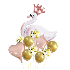 Elegant white swan foil balloon set with pink hearts and gold confetti for party decor