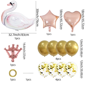 Detailed components of white swan foil balloon set with rose gold and heart shapes
