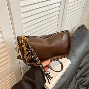 Retro PU Leather Half Moon Shoulder Bag For Women Fashion Urban Minimalist Crossbody Bag With Tennis Racket Charm Handbag