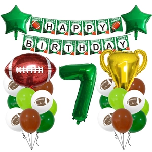 Detail of American football 7th birthday set with trophy, number 7 and star foil balloons
