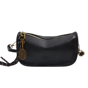 Retro black crossbody bag with shiny PU leather and tennis racket pendant detail