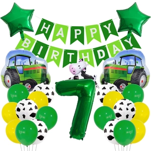 Kit ballons tracteur ferme 7 ans avec ballons vache et bannière joyeux anniversaire verte