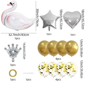 Detailed set of swan foil balloon kit with dimensions for party and wedding decoration