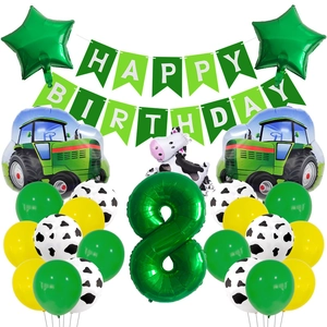 Détails du kit de fête tracteur de ferme avec ballons vache et chiffre 8 en vert