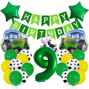 Kit 9ème anniversaire tracteur de ferme avec ballon chiffre 9 vert et décorations vache