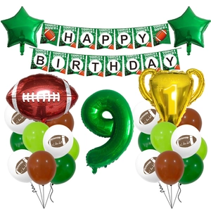Football birthday party set with number 9 balloon trophy and happy birthday banner