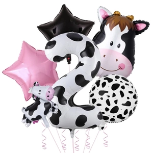 Cow theme party decoration set with number 2 balloon and animal shapes for birthday events