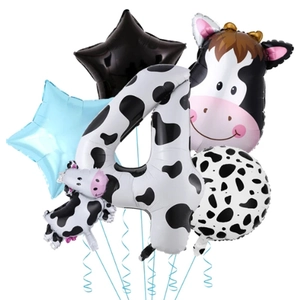 Detail of 40-inch cow print number 4 foil balloon set with cute animal farm theme
