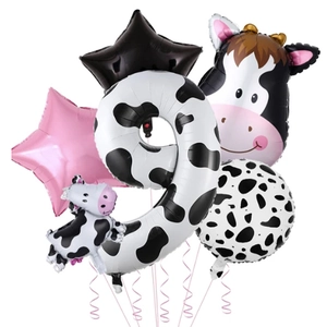 Detailed cow theme birthday balloon set featuring a large 40-inch number 9 and farm animals