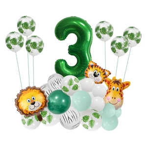 Kit ballons 3ème anniversaire thème jungle avec chiffre 3 vert et ballons animaux