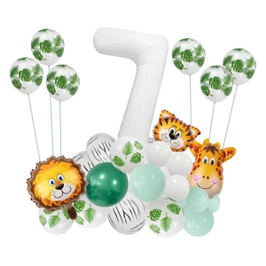 Kit ballons anniversaire jungle avec chiffre 7 blanc et têtes d'animaux de safari mignons