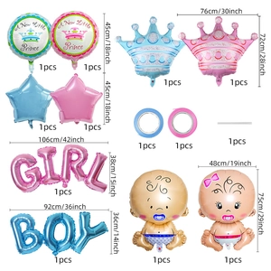 Detailed set layout showing blue and pink baby shower foil balloons with size measurements