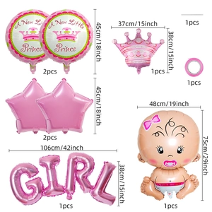 Flat lay of pink baby shower balloon set with dimensions of girl, crown, and stars