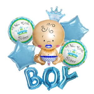 Detailed set of Baby Boy gender reveal foil balloons with blue crown and star accents