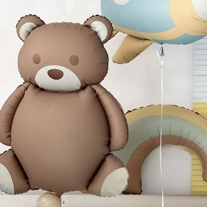 Brown teddy bear balloon set with airplane and rainbow decor for kids birthday party