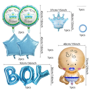 Dimensions of blue boy baby shower foil balloon set with stars and crown icons
