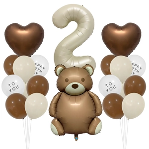 Set palloncini orsetto 2° compleanno con numero 2 beige e cuori marroni vintage