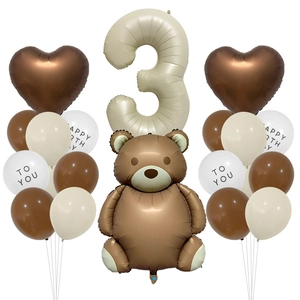 Set di palloncini orsetto con palloncini color crema marrone e numero 3 beige per feste