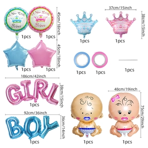 Detailed flat lay of Gender Reveal balloon set with Boy/Girl and Prince theme items