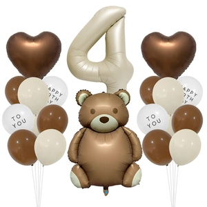 Set palloncini retrò crema e marrone per 4 compleanno con orso e cuori