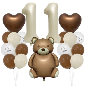 Set palloncini per 11 compleanno con orsetto teddy, numeri panna e cuori di alluminio