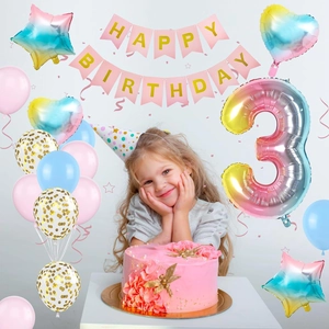 Rainbow gradient 40-inch number 3 balloon set with Happy Birthday banner for girl party