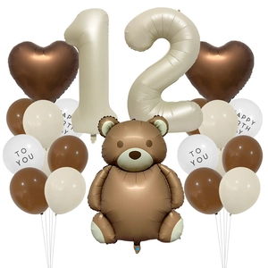 Set palloncini orsetto con numero 12, cuori marroni e decorazioni vintage crema