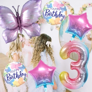 Purple butterfly balloon set with large number 3 for kids birthday party decoration