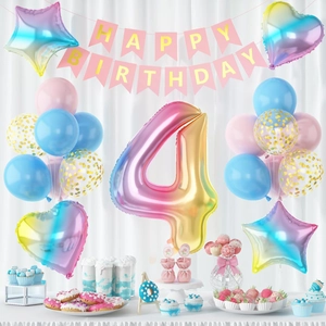 Rainbow Gradient Number Birthday Party Decoration Set With Foil Balloons Star Heart Shapes And Happy Birthday Banner