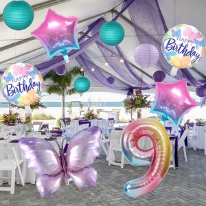 Ice purple butterfly balloon set for 9th birthday party decoration with star foil balloons