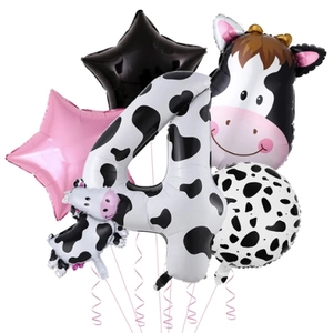 40-inch cow print number 4 balloon set with farm animal theme party decorations