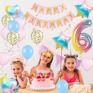 Rainbow gradient number 6 balloon set with pink banner and girls for birthday party decor